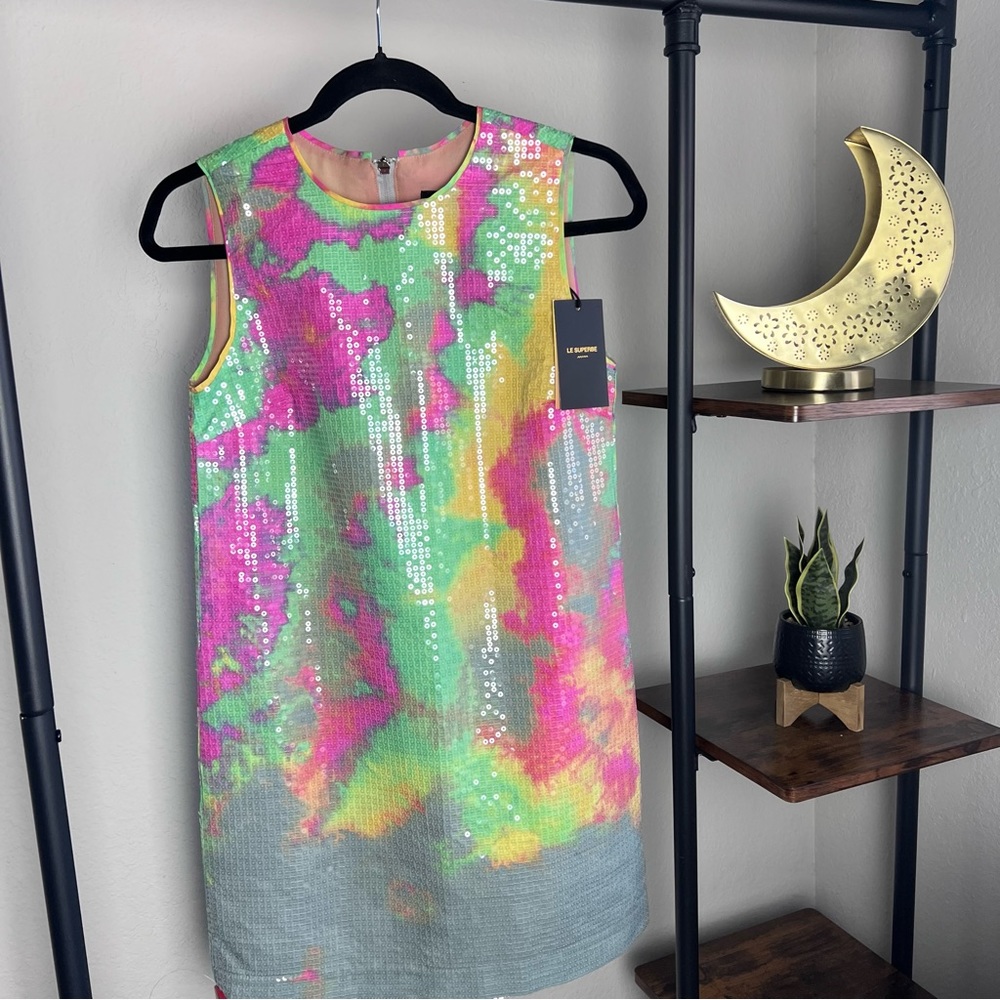 NWT Le Superbe Ibiza Days Iridescent Sequin Shift Dress Size 0 Silhouette 60s